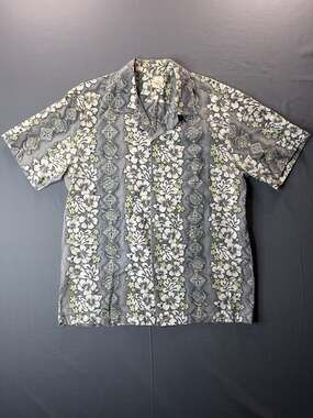 Y Not Hawaii Vintage Men's Gray Floral Sea Turtle Hawaiian Button Up Shirt XL
